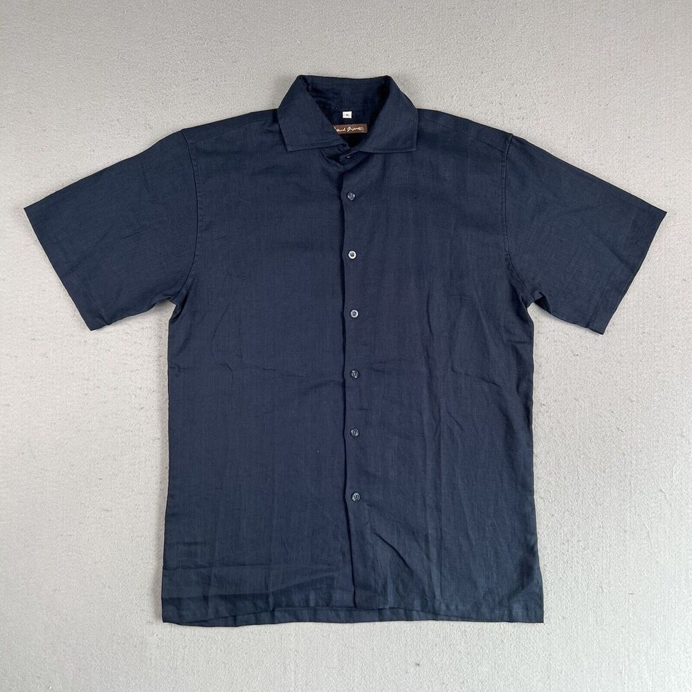 Island Importer Shirt Mens M Blue Linen Short‎ Sleeve Cutaway Collar Button Up